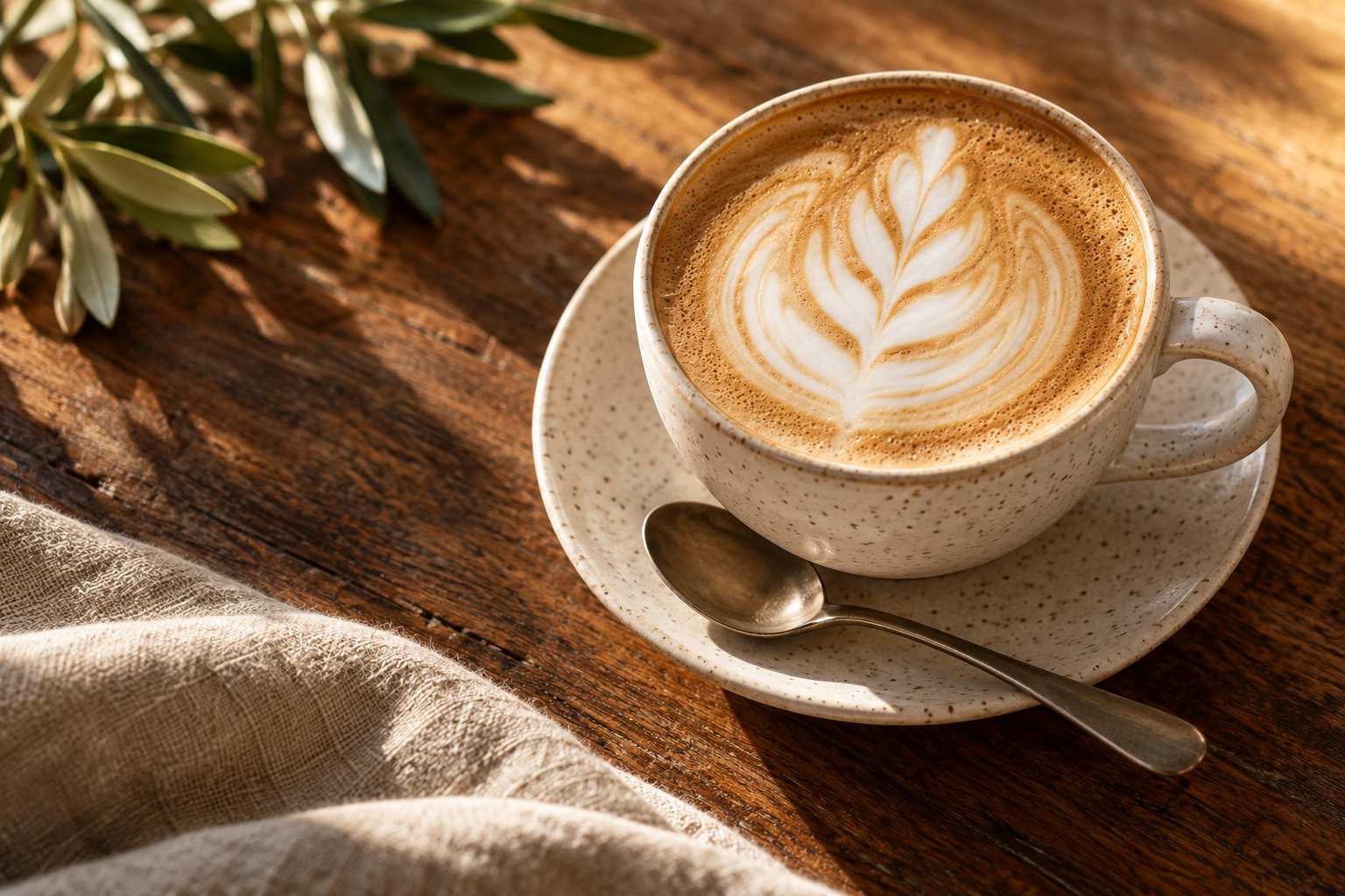 A freshly poured coffee in a speckled ceramic cup, in warm morning light.